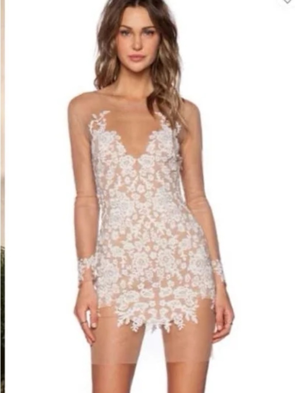 For Love & Lemons Nude Sheer Lace Appliqué Long Sleeve Dress - Picture 3 of 5